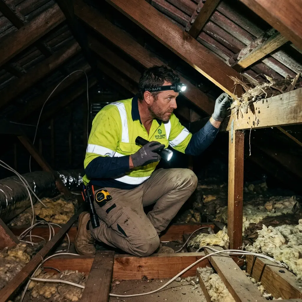 Technician inspecting a roof cavity for a dead animal in Aintree