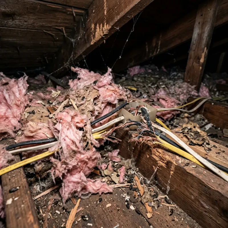 Contaminated ceiling insulation being assessed in a Aintree roof space