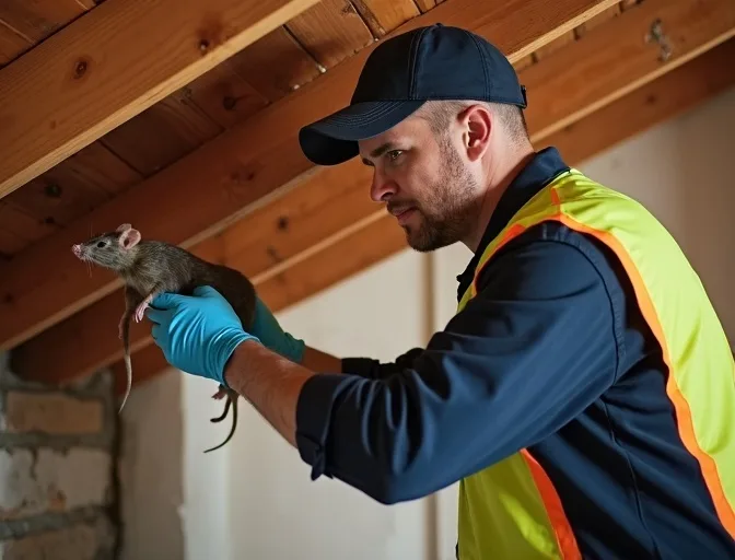 Technician inspecting a roof cavity for a dead rat in Aintree